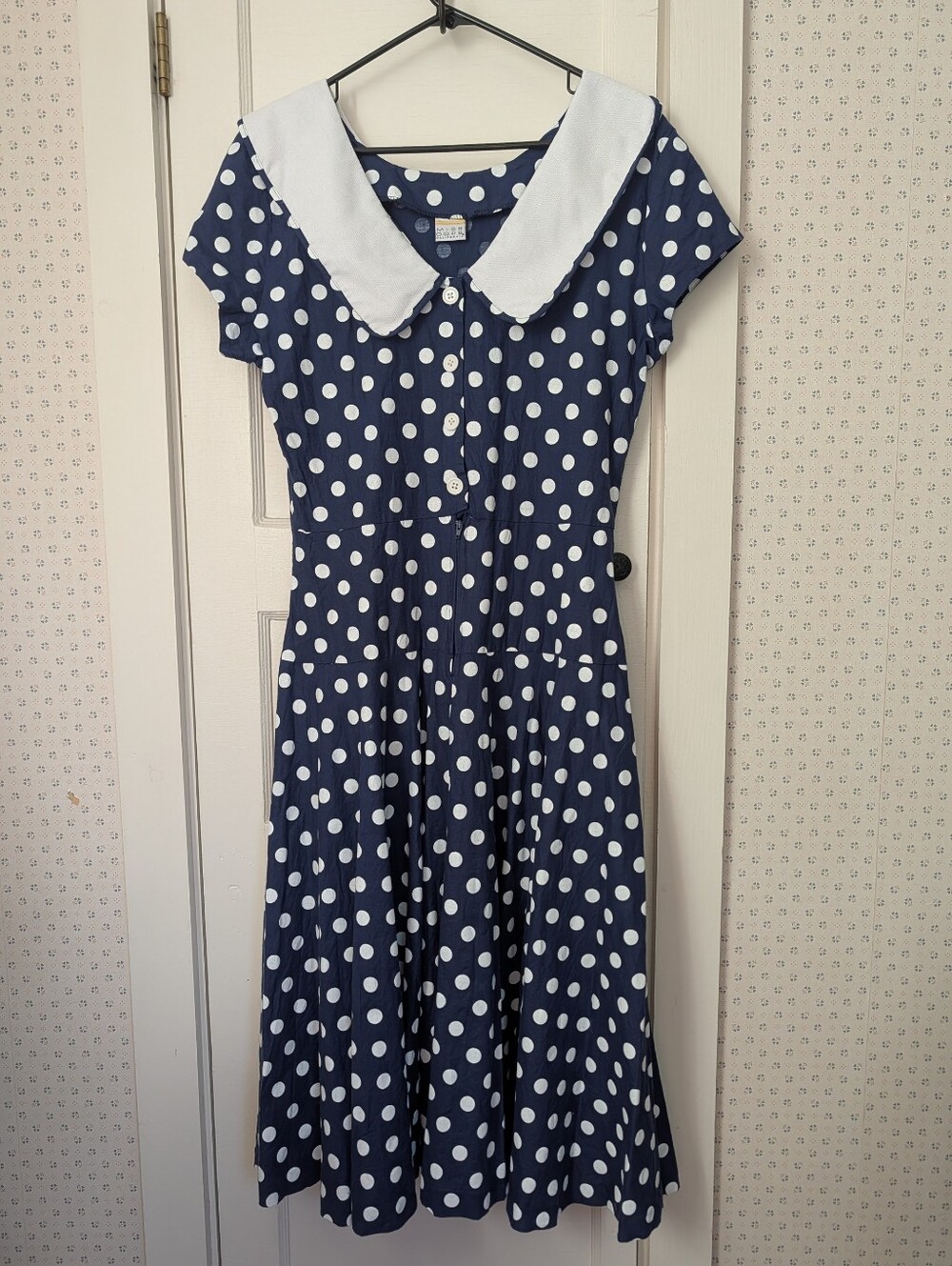 Miss Oops M Polka Dot Midi Dress with Contrast Collar - Navy/White